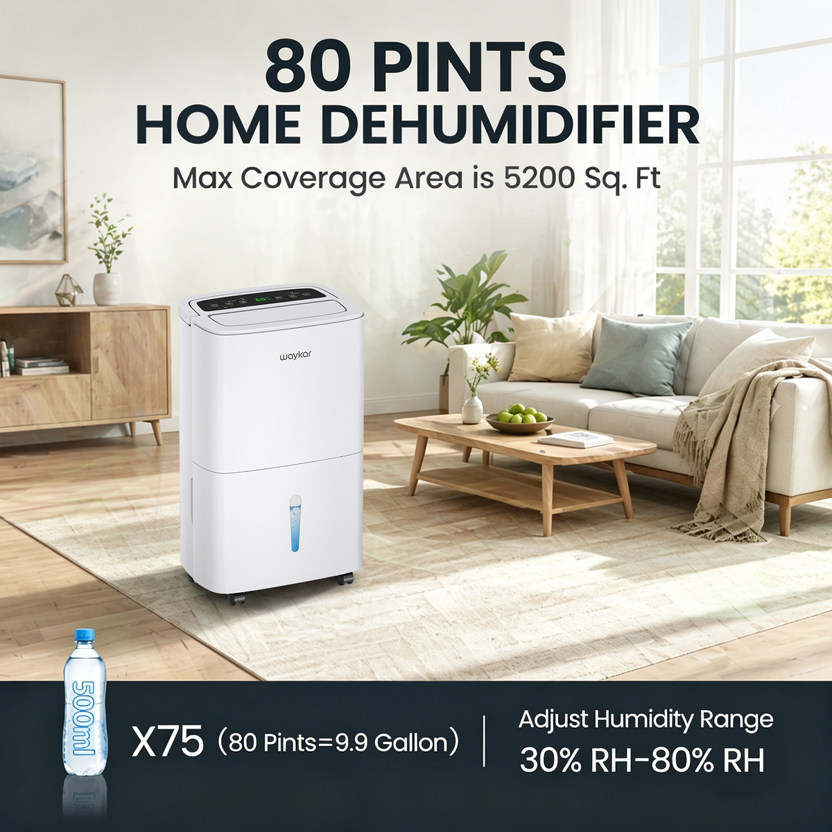 Luftentfeuchter für Keller, 80 Pint Luftentfeuchter mit Ablaufschlauch, deckt 5200 Sq.Ft für Zuhause, große Räume, Garage, Wassertank, automatische Abtauung & intelligente Feuchtigkeitskontrolle, 24H Timer