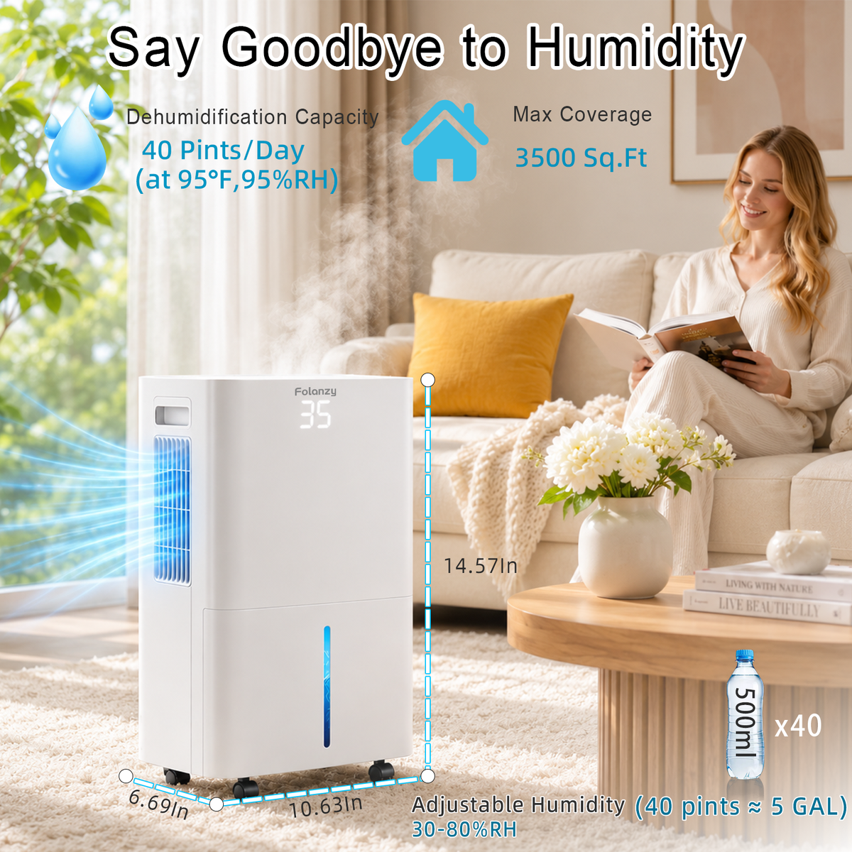 Folanzy Intelligenter 40-Pint Luftentfeuchter für Keller und Wohnungen (für Flächen bis zu 325 m²), mit kontinuierlichem Ablaufschlauch, Wassertank, automatischer Abtauung, 24-Stunden-Timer und leisem Betrieb für Garage und Schlafzimmer